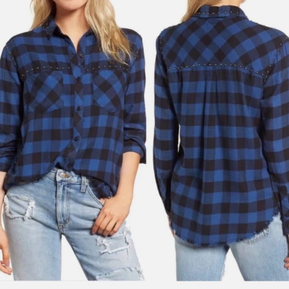 Rails Rex Plaid Studded Button Down Shirt Black & Navy S casual fall punk hip